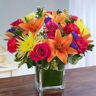 Healing Sorrow, Mixed Flowers in a Vase, Dark Pink Roses, Carnations, Yellow Chrysanthemums, Orange Asiatic Lilies, White Aster, Blue Statice